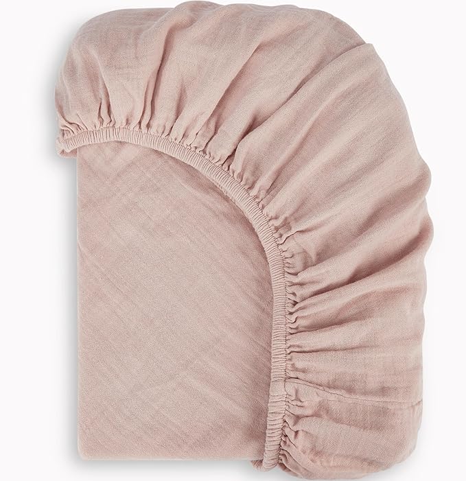 Bioweaves Organic Cotton Muslin Mini Crib Sheet, GOTS Certified Fitted Mini Crib Mattress Sheet, Extra Soft & Breathable for Toddler, Baby Boys & Girls, 38" x 24", 5 Inch Pocket, Dusty Pink