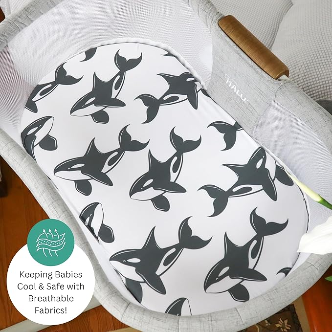 TansyPanda Halo Bassinet Sheets for BassiNest Luxe Swivel, Soothing, Swivel, Lite, Essential Sleeper, 3 Pack, 33 X 17 Inch, Ultra Soft, Snug Fit, Unisex Boys Girls, Gray White (Ocean Fish)