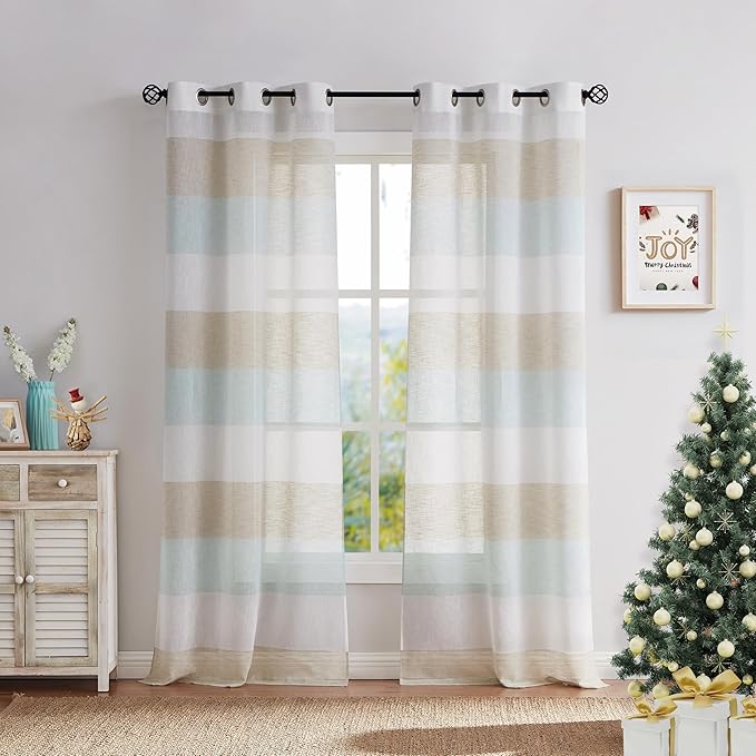 Central Park Tan and Spa Blue Stripe Sheer Color Block Window Curtain Panel Linen Window Treatment for Bedroom Living Room Farmhouse 84 inches Long with Grommets, 2 Panel Rustic Drapes