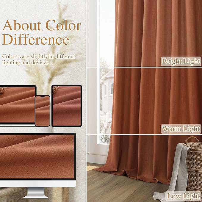 Guken Terracotta 100% Blackout Curtains 72 Inch Length 2 Panels Set Fall Curtains for Living Room Bedroom Back Tab Thermal Insulated Black Out Linen Drapes, 52x72