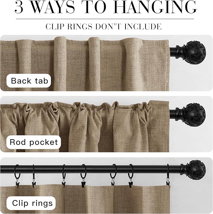 RYB HOME Linen Textured 100% Blackout Curtains for Bedroom, Insulating Energy Saving Window Curtains for Living Room Dining Patio Sliding Glass Door, Wide 52 x Long 96 inch, Burlap, 2 Panels