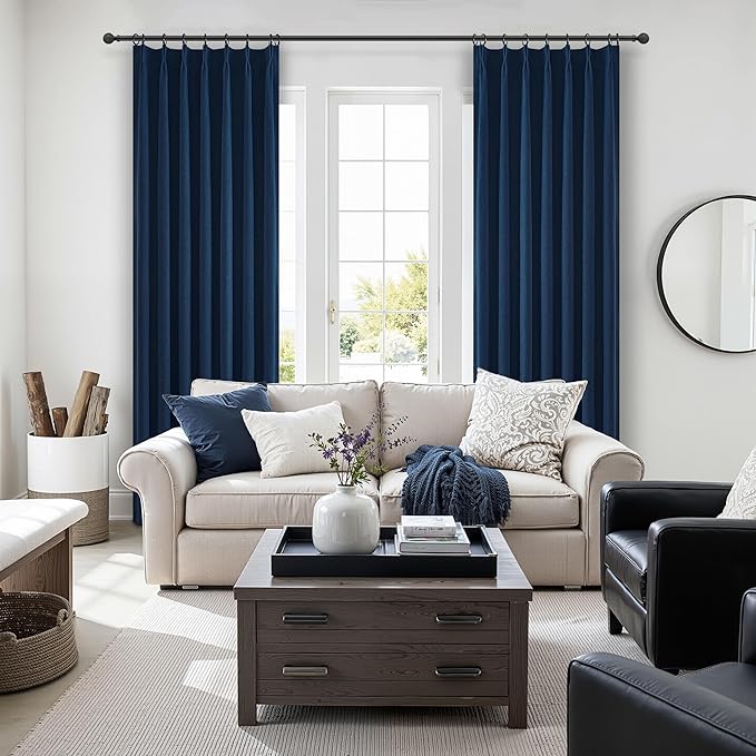 Navy Blue Blackout Curtains 96 Inch Length for Kids/Boys Rooms/Bedroom, Pinch Pleated Drapes with Hooks Viral Linen Thermal Coastal Curtain Dark Blue Window Burg (40" Wx96 Lx 2 Panels)