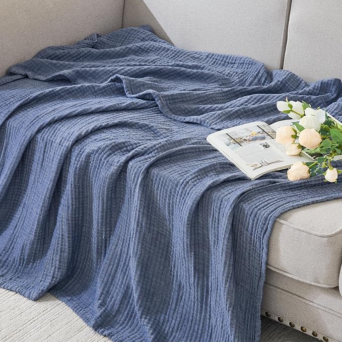 EMME Cotton Muslin Large Throw Blanket Couch Breathable Gauze Soft Lightweight Bed Blankets Adults (Heather Navy, 50"x70")