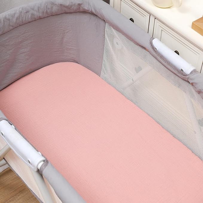 Onacosht Muslin Bassinet Sheets 3 Pack, 100% Cotton Baby Fitted Sheet 33" X 17" for Rectangle, Round, Oval, Hourglass Mattress, Pink and Floral