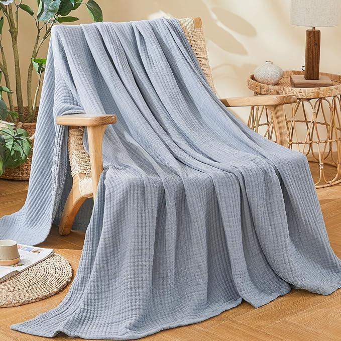 EMME Cotton Muslin Queen Blanket Bed Layering Bedspread Coverlet Breathable Gauze Soft Lightweight Blankets (Heather Dusty Blue, 90"x90")