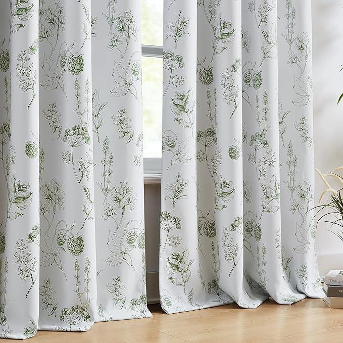 FMFUNCTEX 100% Blackout Floral Curtains 96 Inches Long for Bedroom, Sage Green Leaf Drapes for Living Room, Farmhouse Rod Pocket Back Tab Room Darkening Thermal Insulated Window Drapes 2 Panels