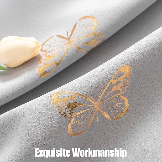 Jubilantex Grey Butterfly Blackout Curtains 2 Panels 54" Length for Baby Girls Nursery Bedroom Metallic Print 90% Room Darkening Drapes Grommet Window Treatment for Living Room,52" W