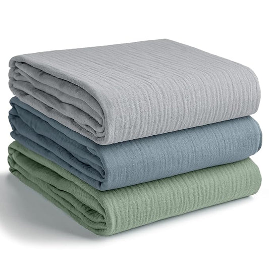 Comfy Cubs Muslin Swaddle Blankets Pack of 3, 42 x 42 Inch Soft 100% Cotton Baby Blanket Set, Large Wraps for Newborns - Self-Soothing Swaddles for Newborns - Heather Blue, Pacific Blue, Fern