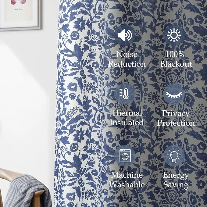 DriftAway Julia Watercolor Blackout Room Darkening Lined Thermal Insulated Energy Saving Window Curtains 2 Layers 2 Panels Each Size 52 Inch by 84 Inch Linen Navy