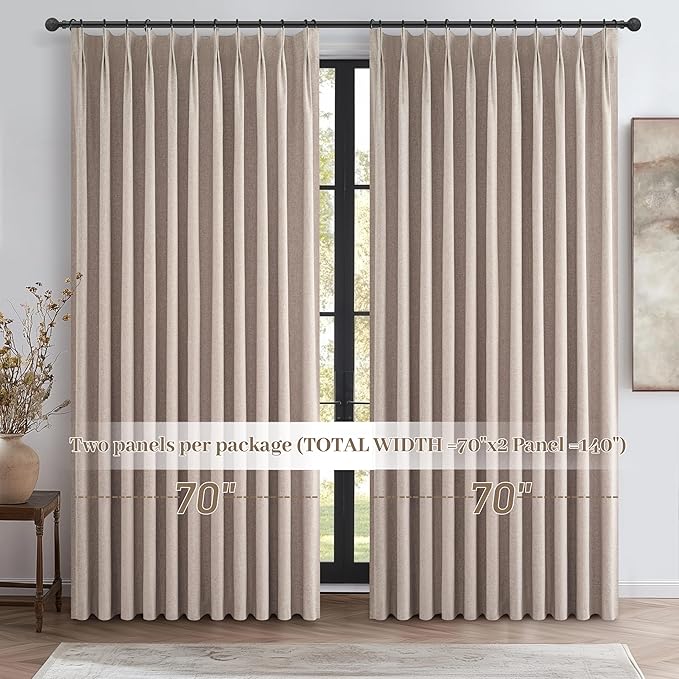 Extra Wide Linen Curtains for Living Room/Bedroom 2 Panels Set, Rustic Country Pinch Pleated Blackout Burlap Curtain Thermal Soundproof with Ceiling Track (70"Wx90"L) for 60 Inches Wide Windows