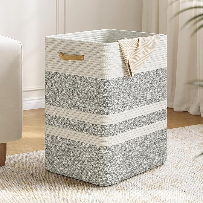 87L Laundry Hamper,Laundry Basket with Leather Handles,Woven Storage Basket for Toys,Pillows,Blankets,Clothes,Grey White
