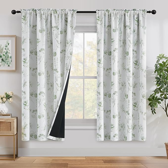 FMFUNCTEX 100% Blackout Floral Curtains 63 Inches Long for Bedroom, Sage Green Leaf Drapes for Living Room, Farmhouse Rod Pocket Back Tab Room Darkening Thermal Insulated Window Drapes 2 Panels
