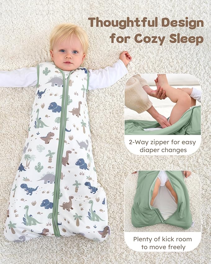 FIEMOL Rayon Made from Bamboo Baby Sleep Sack 0-6 Months, 1.0 Tog Baby Wearable Blanket, Soft Sleeping Bag for Newborn Infant Babies with 2-Way Zipper 2 Pack (Small) Green Dinosaur