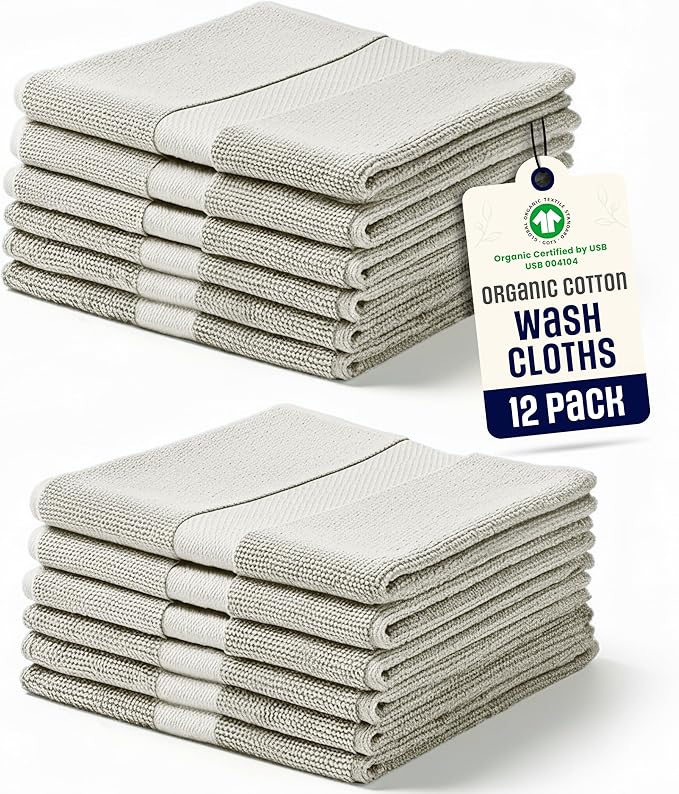 Organic Cotton Wash Cloths Plush Feather Touch Quick Dry Wash Cloths Pack of 12 GOTS & Oeko- TEX Certified | Premium Soft, Absorbent, Small Hand Face Towels Wash Rags– Taupe