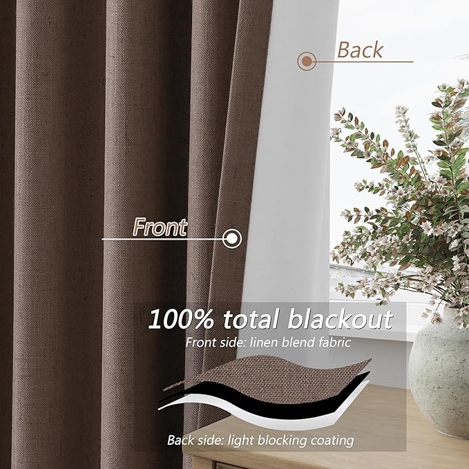 Guken 100% Blackout Curtains 96 Inch Length 2 Panels Set for Living Room Bedroom Back Tab Thermal Insulated Black Out Linen Drapes Room Darkening Mocha Mousse,52x96