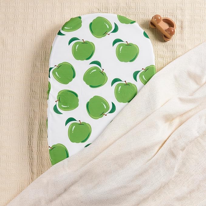 TILLYOU Baby Bassinet Sheets for Girls Boys 2 Pack Baby Sheets for Square Rectangle Oval Bassinet Mattress 33X16 Inch, Green Apple & Fruit Green
