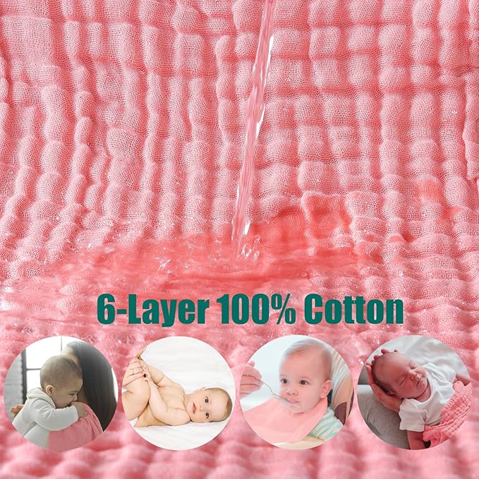 SnugOre Muslin Burp Cloths 5 Pack Large 20x12 inches Baby Burping Cloths, 6-Layer 100% Cotton for Newborn Boys Girls, Ultra Soft & Absorbent (Pink & Coffee)