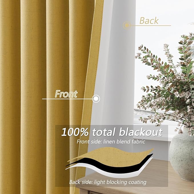 Guken 100% Blackout Curtains 80 Inch Length 2 Panels Set for Living Room Bedroom Back Tab Thermal Insulated Black Out Linen Drapes Room Darkening Window Curtains 80 Inches Long,Gold