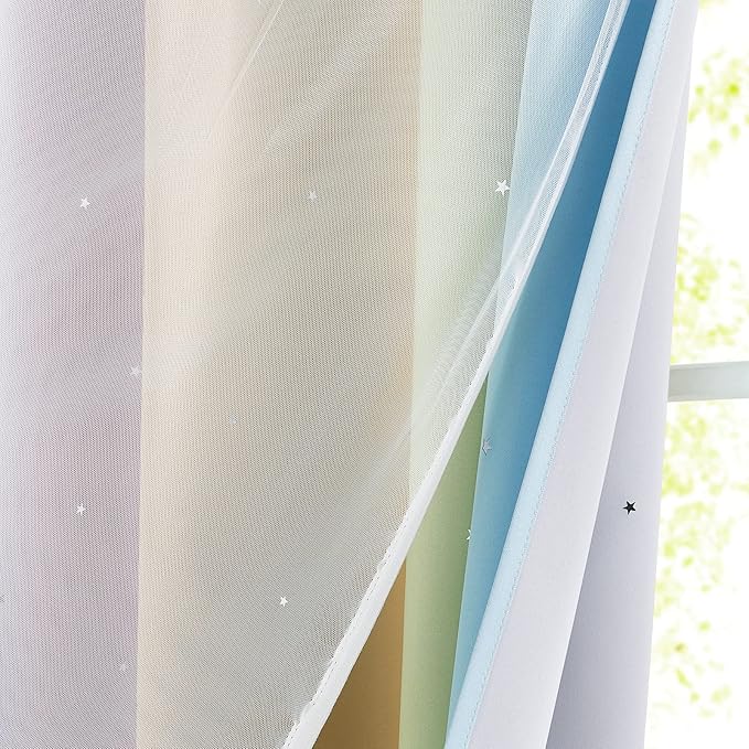 NICETOWN Rainbow Curtains for Baby, Kids Room Decor for Girls, Starry Drapes Overlapped with Tulle, Romantic Princess Decor for Girls (1 Pair = 104 inches Wide, Rainbow-3, 4 Tiebacks Included)