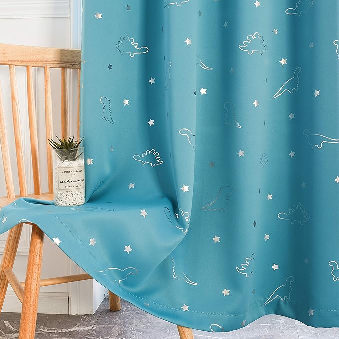 LORDTEX Dinosaur and Star Foil Print Blackout Curtains for Kids Room - Thermal Insulated Curtains Noise Reducing Window Drapes for Boys and Girls Bedroom, 52 x 63 Inch, Teal, Set of 2 Panels