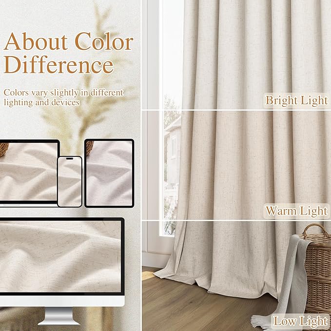Guken 100% Blackout Curtains 95 Inch Length 2 Panels Set for Living Room Bedroom Back Tab Thermal Insulated Black Out Linen Drapes Room Darkening Window Curtains 95 Inches Long