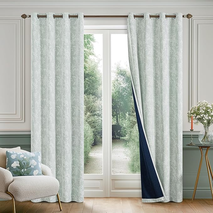 FMFUNCTEX Sage Green Floral Jacquard Blackout Curtains 84 Inches Long for Bedroom, Scroll Flower Chenille Farmhouse Curtain for Living Room Darkening Thermal Insulated Grommet Window Drapes 2 Panels