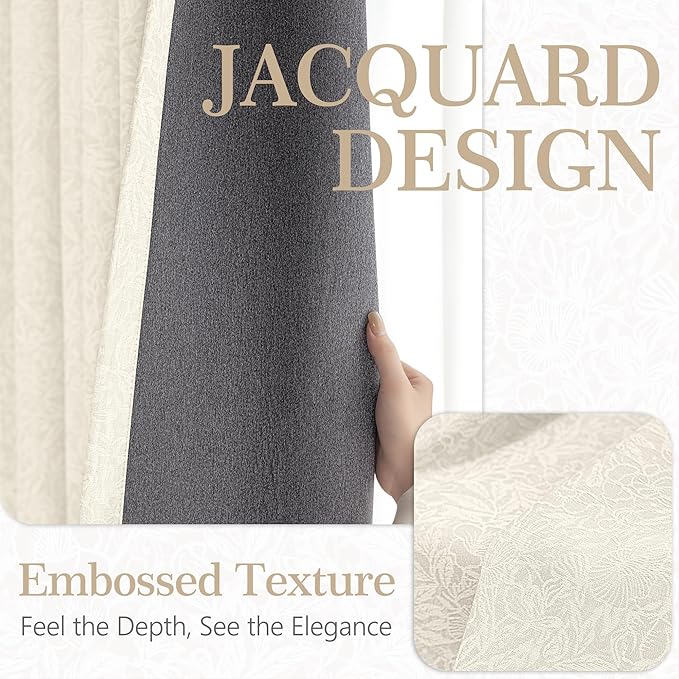 Metro Parlor Cream Floral Blackout Curtains 63 Inch Length for Bedroom, Jacquard Chenille Patterned Vintage Flower Curtains for Living Room Darkening Thermal Grommet Window Drapes,2 Panels,Light Beige