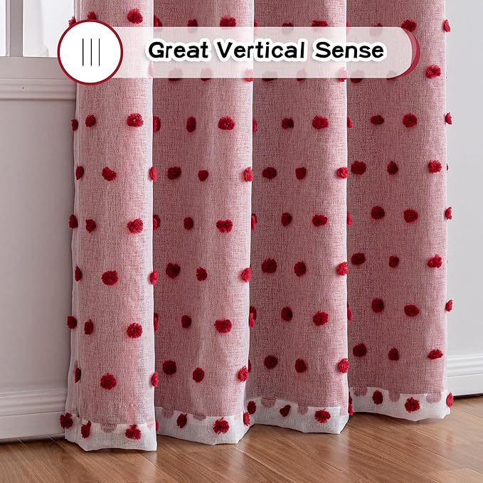 MYSKY HOME 90 Inches Long Living Room Curtains with Red Pom Pom Sheer Nursery Curtain Girl Blackout Drapes for Bedroom Double Layer Room Darkening Window Panels for Toddler Grommet, 52" Wide, 2 Pieces