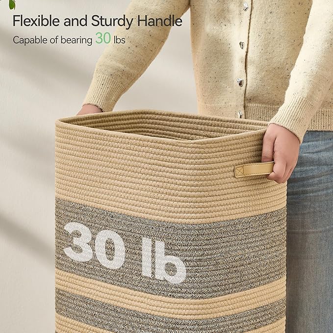 Laundry Hamper,Laundry Basket with Leather Handles,Woven Storage Basket for Toys,Pillows,Blankets,Clothes,Dark&Brown