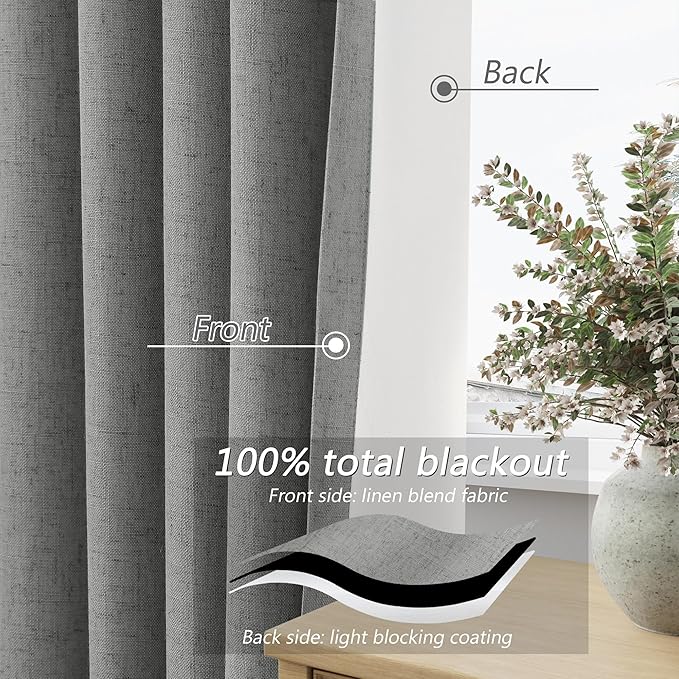 Guken 100% Blackout Linen Curtains 84 Inch Length 2 Panels Set for Living Room Bedroom Back Tab Thermal Insulated Black Out Linen Drapes Room Darkening Window Curtains 84 Inches Long,Dark Grey