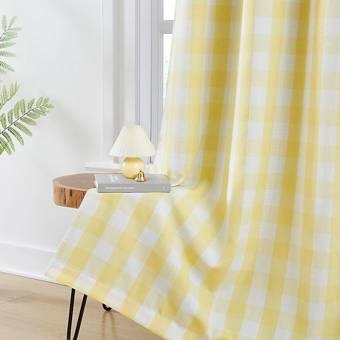 Amzdecor Yellow White Buffalo Plaid Full Blackout Curtains 84 Inch Long for Bedroom Living Room Farmhouse Check Patterned Drapes Thermal Insulated Soundproof Grommet Window Treatment, 2 Panels,40"x84"
