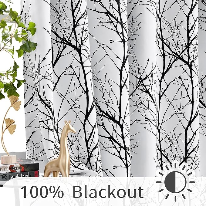 FMFUNCTEX 100% Blackout Patio Sliding Glass Door Curtains 96 Inch Long for Bedroom, Black on White Tree Branch Patterned Drapes for Living Room Divider, Extra Wide Thermal Insulated Panels, Grommet