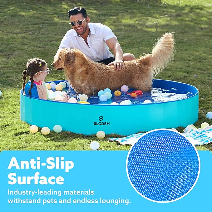 SLOOSH Foldable Dog Kiddie Pool - Portable Hard Plastic Doggie Swimming Pool, Anti-Slip Collapsible Pets Bath Tub Suitable for Kids Toddler Indoor Outdoor Backyard Use (Blue, 63" x 12")