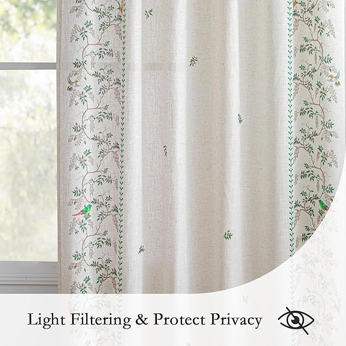 MYSKY HOME Boho Linen Blend Curtains 84 inches Long for Living Room Leaf Bird Patterned Farmhouse Drapes Light Filtering Privacy Protect Soft Touch Treatment Back Tab for Home, 50" Wide, Green, 2 Pcs