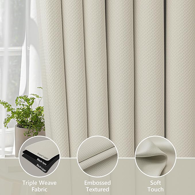 FMFUNCTEX 100% Blackout Curtains for Bedroom, Beige Back Tab Curtain 84 Inches Long Drapery Thermal Insulated Curtains for Living Room, Black Out Drapes Rod Pocket Room Darkening 2 Panels