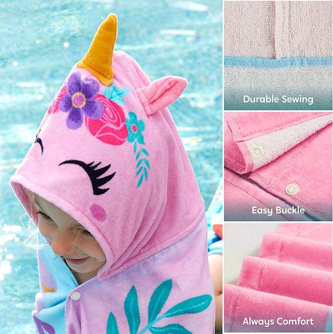 Joiedomi Unicorn Hooded Towels for Kids Soft 100% Cotton Kids Beach Towel 30" x 50" for 3-10 Years Boy Girl Beach Hooded Poncho Absorbent Pool Toddler Swim Bath Wrap