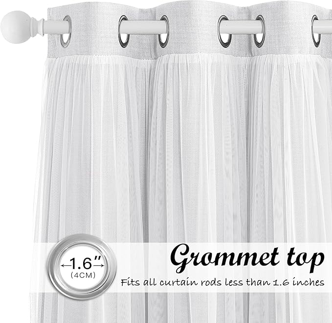 NICETOWN Linen Curtains with Sheer Overly 84 Inch Length 2 Panels for Living Room Grommet Top Farmhouse Bedroom Curtain Privacy Double Layer Curtain Drapes for Home Decor, 2 Panels, Greyish White