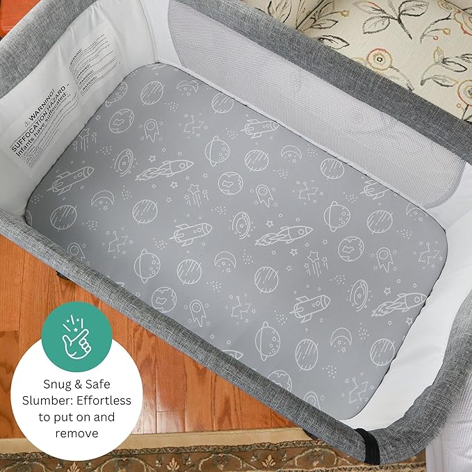 Bassinet Sheets for Mika Micky, Evolur, Larex, Taylengrow Baby, Newton Baby Bedside Sleeper by TansyPanda, 3PC, 33x20, Ultra Soft, Breathable, Snug Fit, Unisex Boys, Girls, Gray White (Space Rockets)