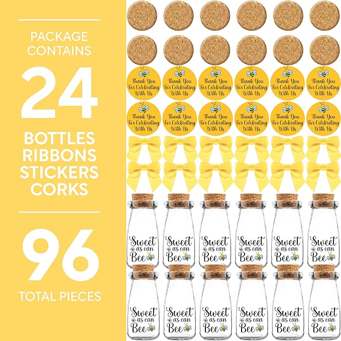 Ethisa Small 24 Pack Bee Party Favor Glass Bottles with Ribbons and Stickers - Baby Shower and Birthday Souvenir for Guests and Table Centerpiece Decoration - Sweet as Can Bee Honey Themed Candy Jar