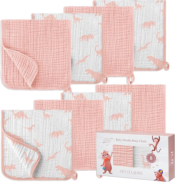 LILY O LAUREL Muslin Burp Cloths, 20"x10"- Pack of 8, 6 Layers Super Soft Absorbent & Breathable 100% Cotton for Baby Drool and Messes, Burp Cloth Baby Boy and Burp Cloths Baby Girl