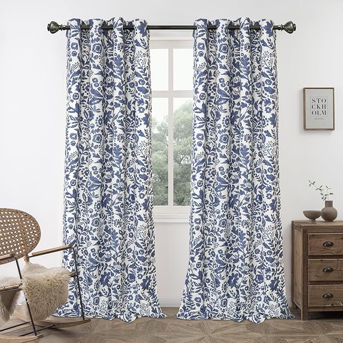 DriftAway Julia Watercolor Blackout Room Darkening Lined Thermal Insulated Energy Saving Window Curtains 2 Layers 2 Panels Each Size 52 Inch by 84 Inch Linen Navy