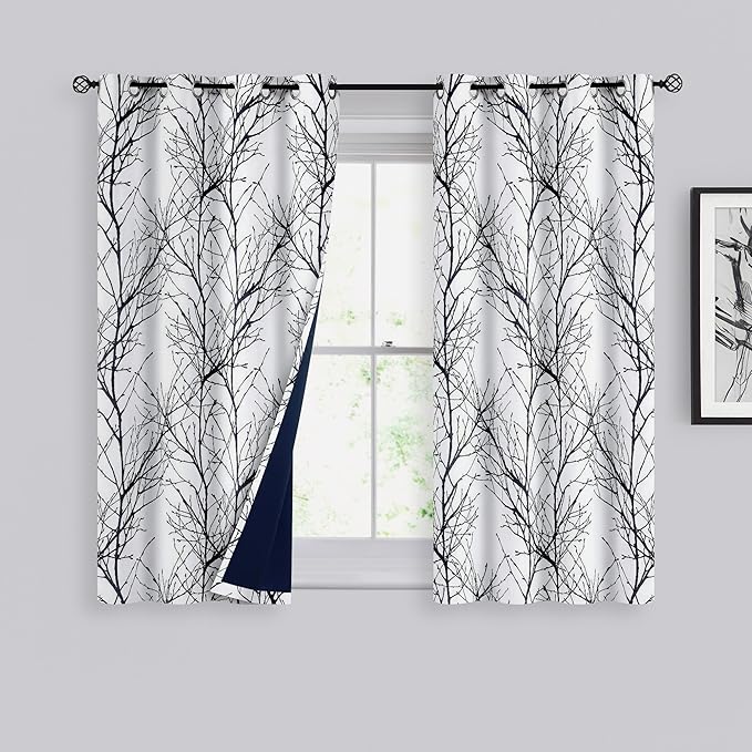 FMFUNCTEX 100% Blackout Curtains for Bedroom, Black White Tree Branch Curtains 54 Inches Long for Living Room, Short Thermal Insulated Window Drapes for Basement, Small Windows 2 Panels Grommet Top