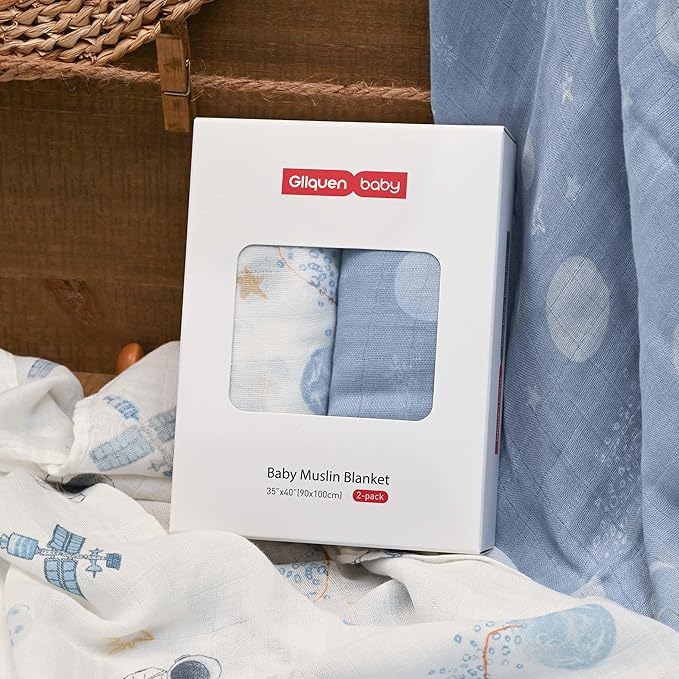 GLLQUEN BABY Muslin Swaddle Blankets Breathable Receiving Blankets (35" x 40") 2-Pack Soft Baby Blankets for Girls and Boys Newborn Essentials Muslin Burp Cloths Swaddle Wrap Baby Gift(Astronaut)