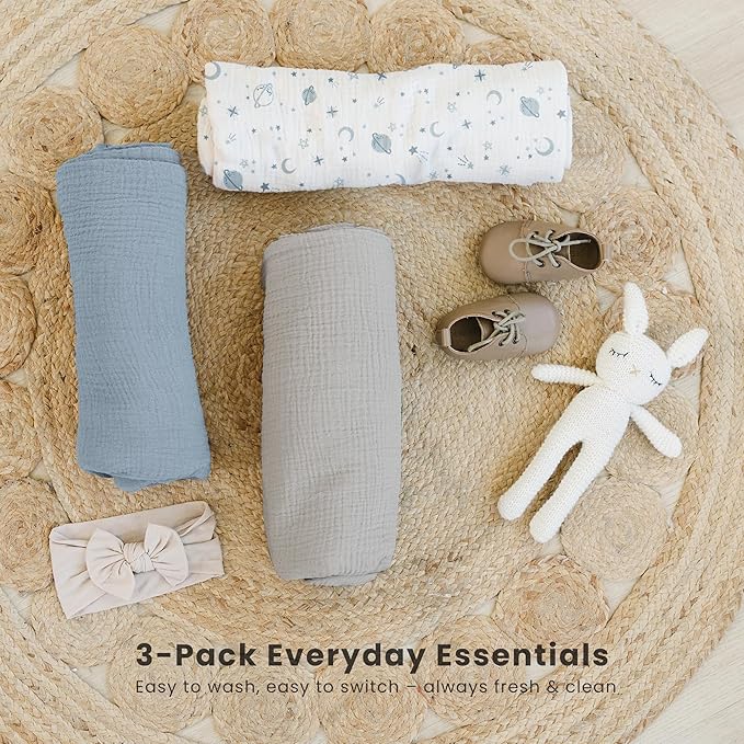Konssy 3 Pack Muslin Swaddle Blankets for Unisex, Newborn Receiving Blanket, Large 47 x 47 inches, Soft Breathable Muslin Baby Swaddles for Boys & Girls