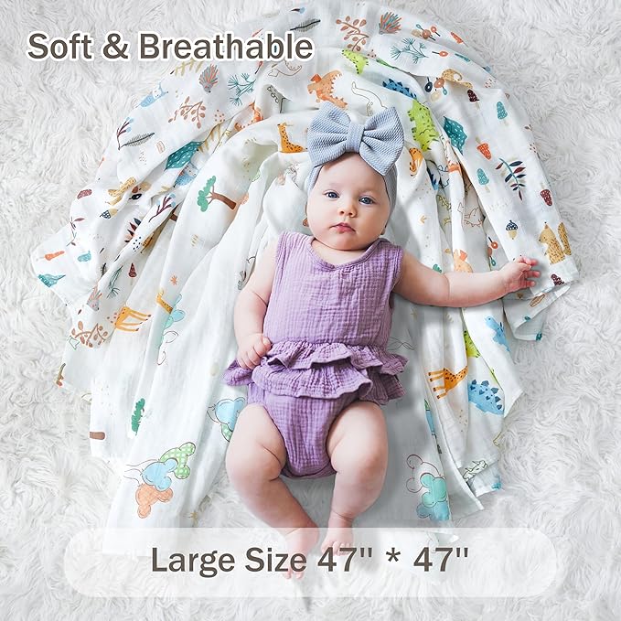 2-Pack 100% Cotton Muslin Swaddle Blankets, Large 47 x 47 Inches — Breathable Soft Receiving Blankets for Newborns, Swaddling Wraps, Baby Essentials, Registry Gift (Elephant & Dino Duo)