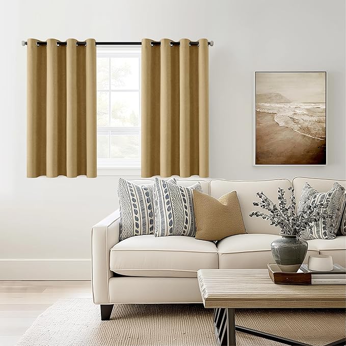 ChrisDowa 100% Blackout Mustard Yellow Solid Curtains 54 Inches Long 2 Panels for Bedroom Living Room,Farmhouse Room Darkening Thermal Insulated Soundproof Grommet Top Window Treatment Drapes,52x54