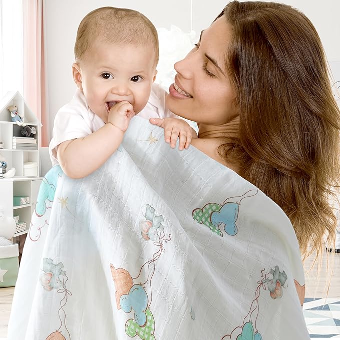 2-Pack 100% Cotton Muslin Swaddle Blankets, Large 47 x 47 Inches — Breathable Soft Receiving Blankets for Newborns, Swaddling Wraps, Baby Essentials, Registry Gift (Elephant & Dino Duo)