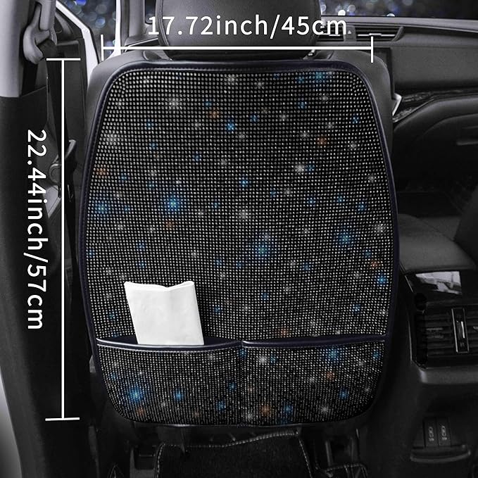 Diamond Bling Car Seat Kick Mats with Storage – Back Seat Protectors with Sparkly Rhinestones for Girls & Women, Crystal Kick Covers for Automotive Interior Accessories Black 2pcs