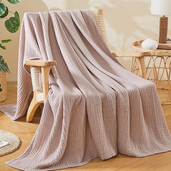 EMME Cotton Muslin Queen Blanket Bed Layering Bedspread Coverlet Breathable Gauze Soft Lightweight Blankets (Heather Dusty Pink, 90"x90")