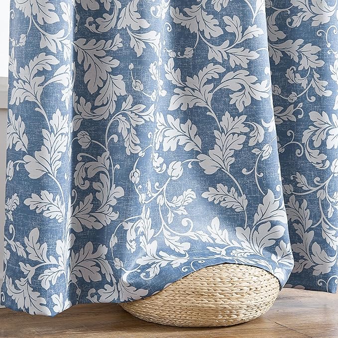 jinchan 80% Blackout Curtains for Bedroom, Blue Scroll Leaf Patterned Curtains 84 inch Length for Living Room, Farmhouse Vintage Drapes, Thermal Insulated Window Treatments, Grommet 2 Panels Blue